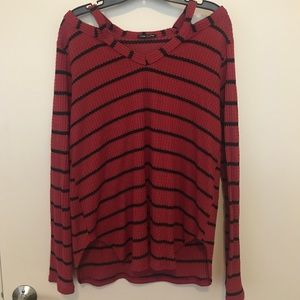 Red & black striped cold shoulder top